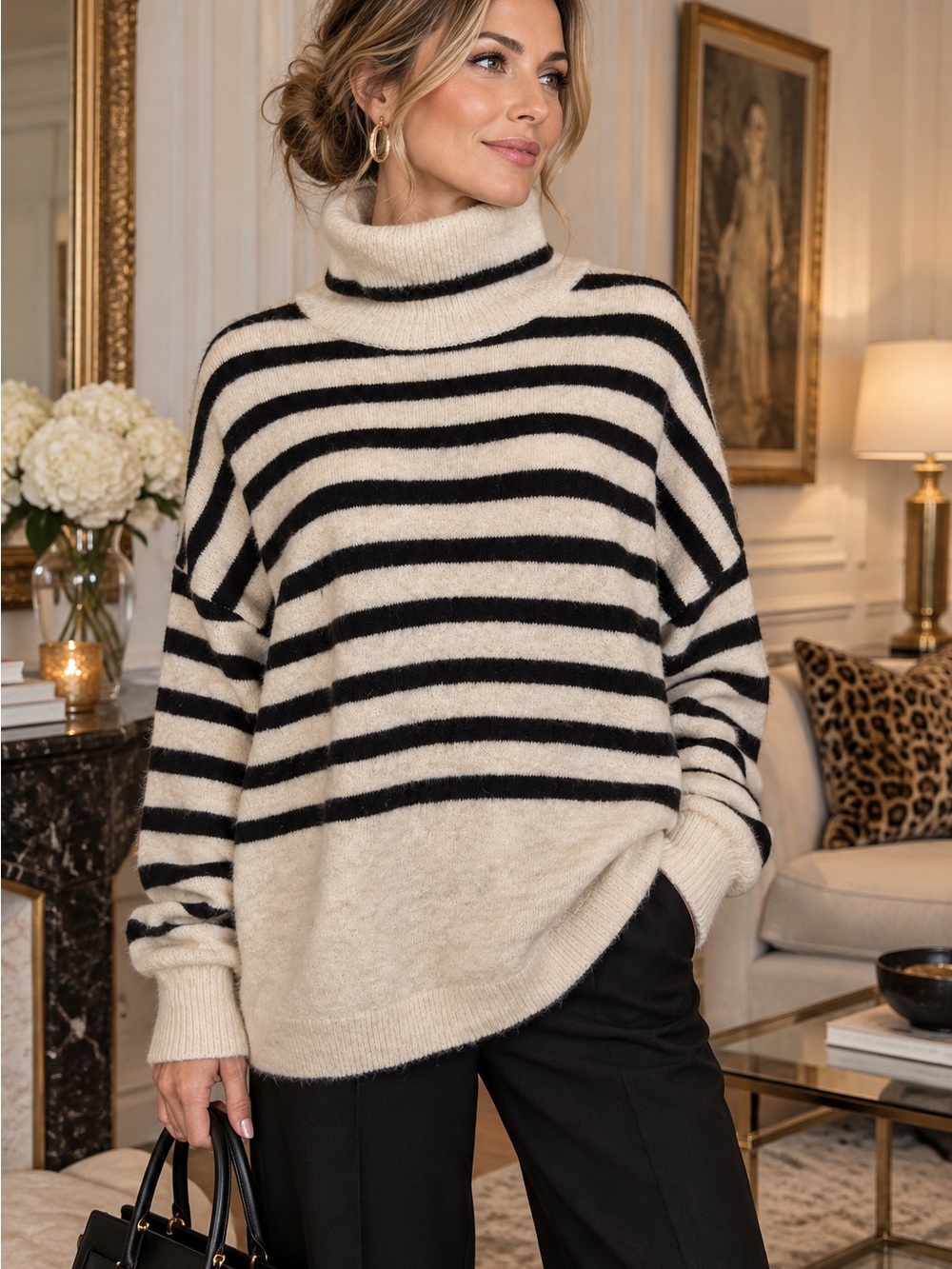 Vince Camuto Cream and Black Striped Turtleneck Sweater